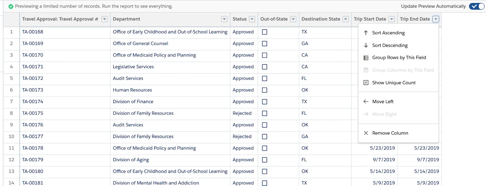 Trip End Date with dropdown selected