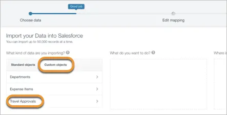 Data Import Wizard with Travel Approval object highlighted 