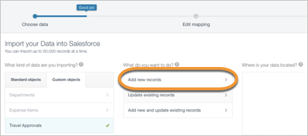 Data Import Wizard (Datenimport-Assistent) mit gekennzeichneter Option 'Add new records (Neue Datensätze hinzufügen)'