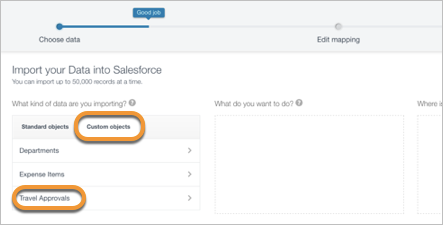 Data Import Wizard (Datenimport-Assistent) mit markiertem Objekt 'Travel Approval'