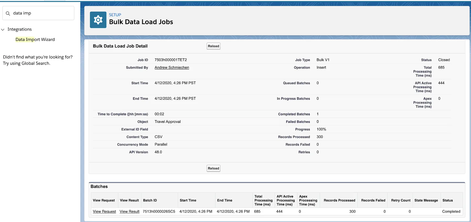 Página Bulk Data Load Jobs (Trabajos de carga de datos masivos)