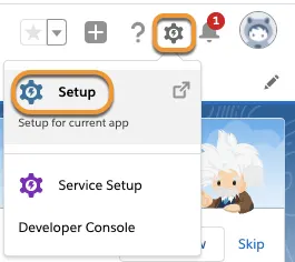 Icono de engranaje con la opción Setup (Configuración) seleccionada