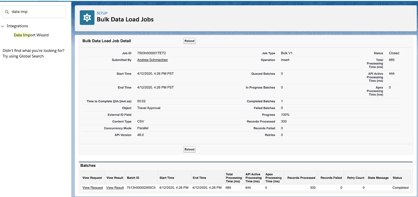 Página Bulk Data Load Jobs (Trabalhos de carregamento de dados em massa)