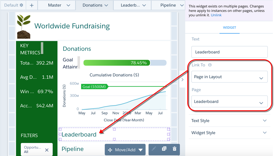 The Donations page in edit mode, with the Leaderboard link widget selected, and the Link To and Page fields called out with a red round rectangle.