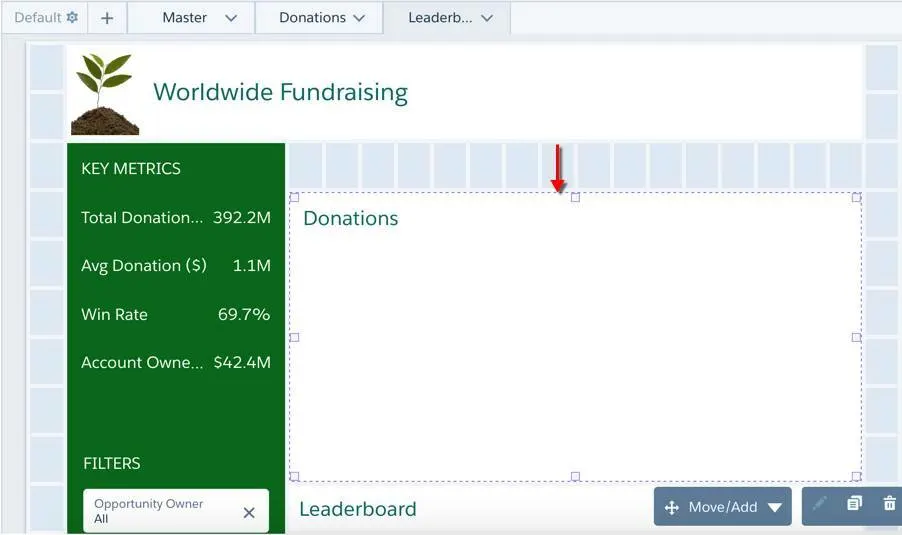 On the Leaderboard page, the container widget is moved down one row, with a red arrow pointing down highlighting the move.