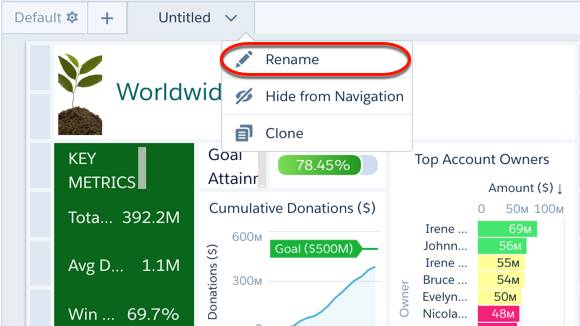 The dropdown menu open on the Untitled tab allows you to rename, hide from navigation, or clone. The rename option is called out by a rounded rectangle.