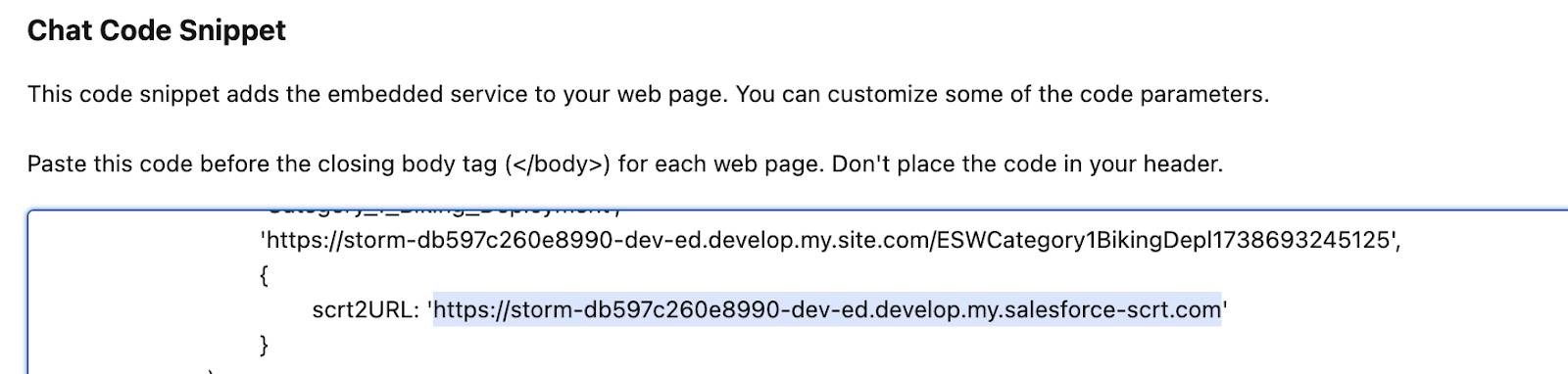 Chat Code Snippet from Embedded Service Deployment.