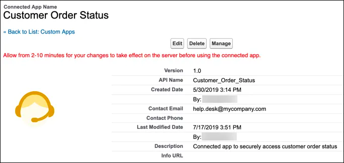 [Manage Connected Apps (接続アプリケーションを管理する)] ページの [Customer Order Status (顧客注文状況)] 接続アプリケーションの詳細。