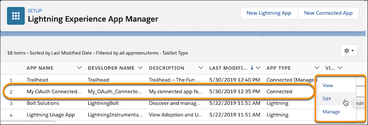 アプリケーションマネージャーページにリストされている、[Edit (編集)] と [Manage (管理)] オプションが表示された [My OAuth Connected App (私の OAuth 接続アプリケーション)]。