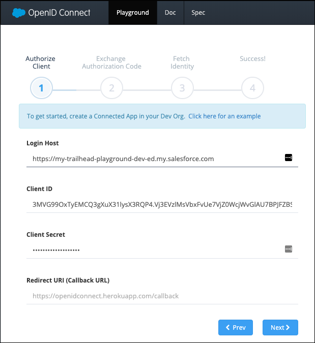 The OpenID Connect Playground with the login host, client ID, client secret, and redirect URI fields populated.