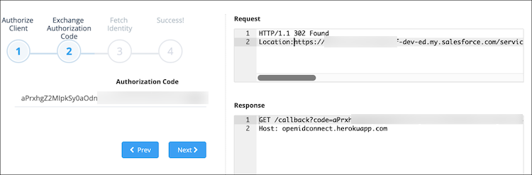 The OpenID Connect Playground displaying the authorization code, and authorization code request and response.