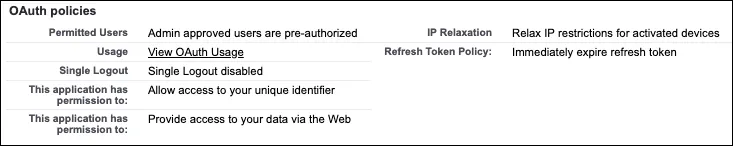 OAuth policies assigned to the Customer Order Status connected app.