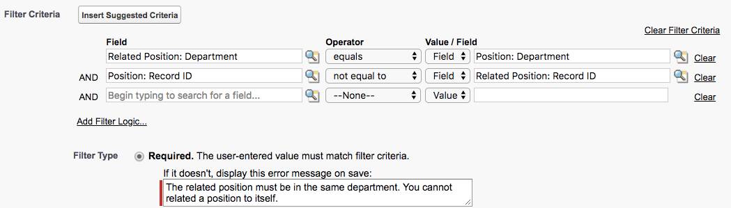 [texto alternativo: Captura de pantalla complementaria que muestra los criterios de filtro y un mensaje de error