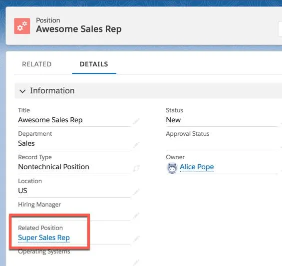 Page Awesome Sales Rep (Commercial hors-pair) où Super Sales Rep (Commercial d’exception) apparaît sous Related Position (Poste associé)