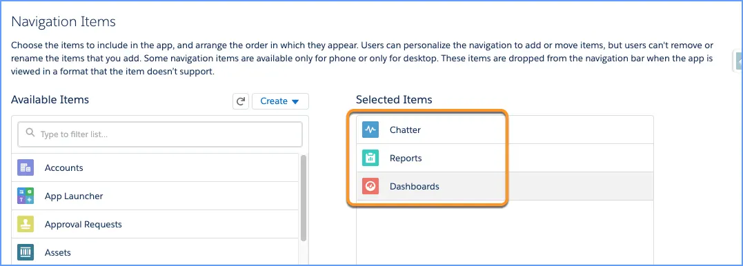 Navigation Items screen showing Chatter, Reports, and Dashboards added to Selected Items.