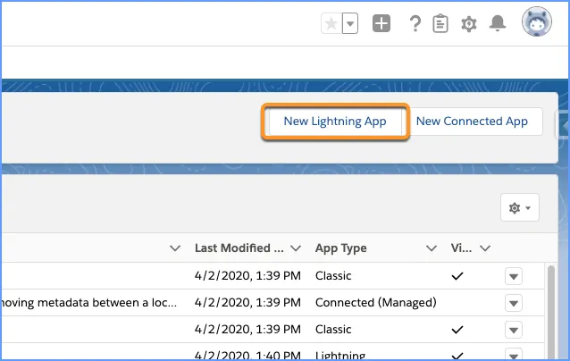 New Lightning App button highlighted in App Manager.