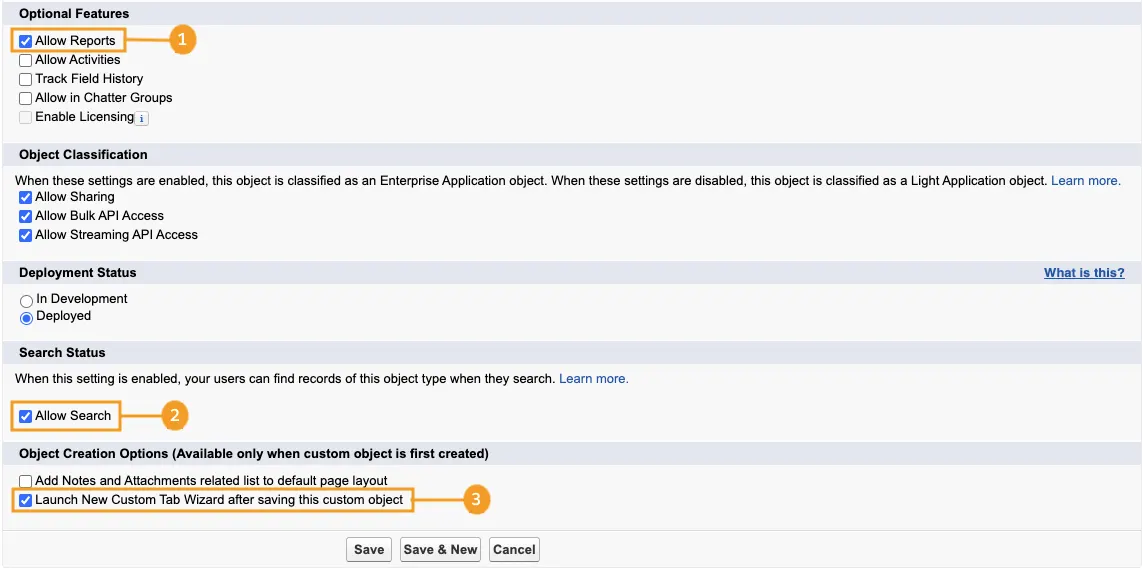 Screen showing option selected for the Department custom object: (1) Allow Reports, (2) Allow Search, (3) Launch New Custom Tab Wizard after saving this custom object.