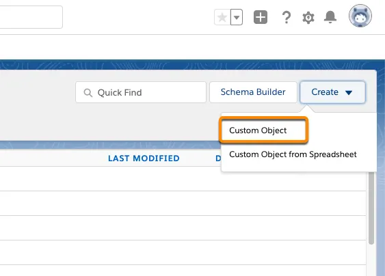 Navigation to create a Custom Object from within the Object Manager.