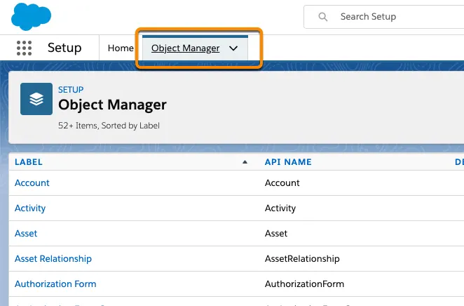 Navigation to the Object Manager from Setup.