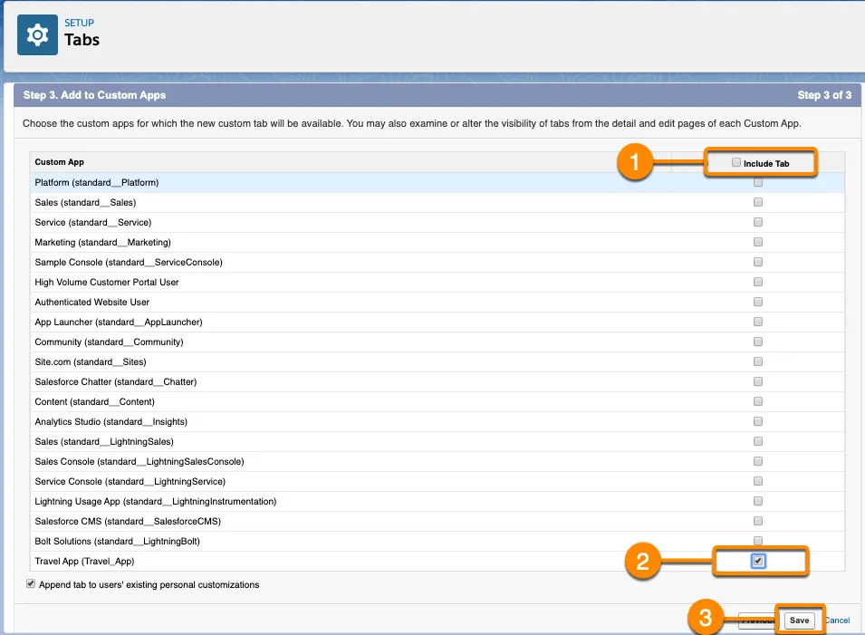 Tab setup options showing (1) Include Tab deselected, (2) Travel App selected via checkbox, and (3) Save button.