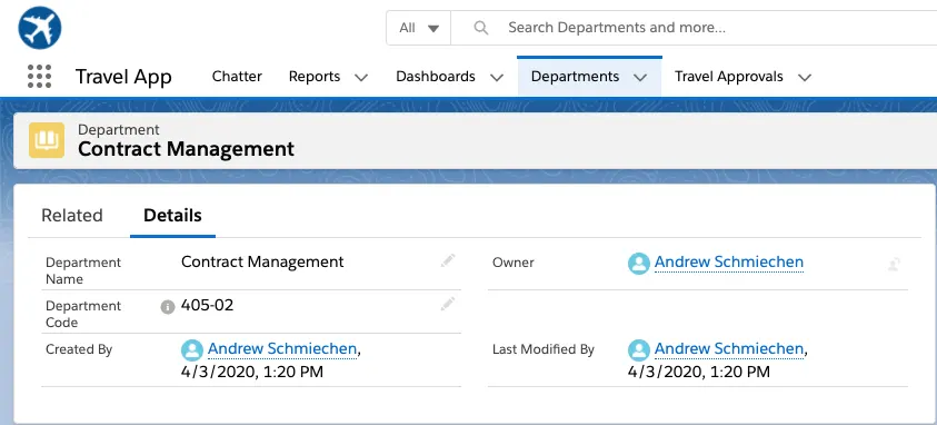 Screen for Contract Management in the Departments tab of the Travel App.