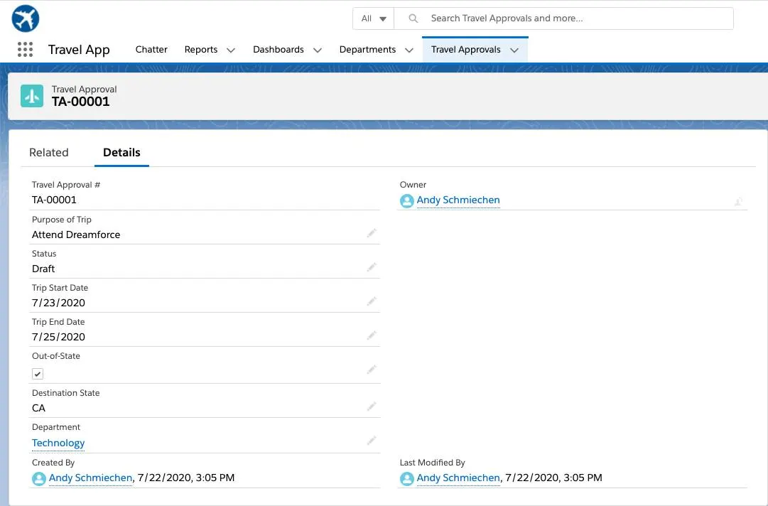 New travel approval record in the Travel Approvals tab of the Travel App.