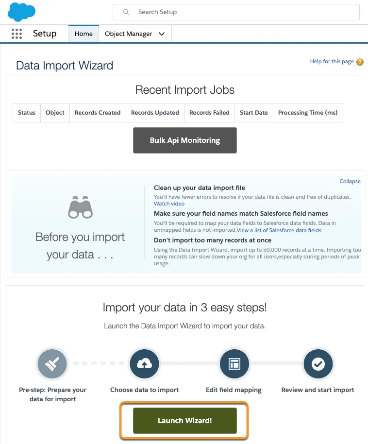 Data Import Wizard screen with Launch Wizard! Button highlighted.