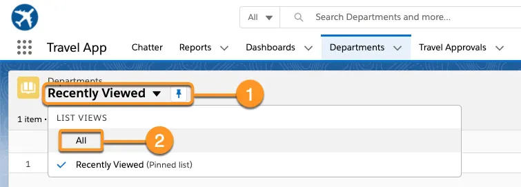 Departments tab of the Travel app showing navigation from (1) Recently Viewed to (2) All.