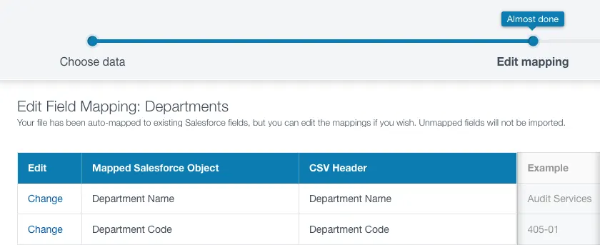 Screen showing field mapping for the Departments object.