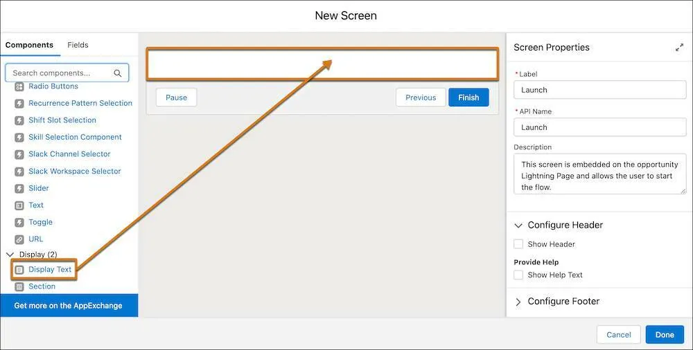 The Display Text component and the screen canvas