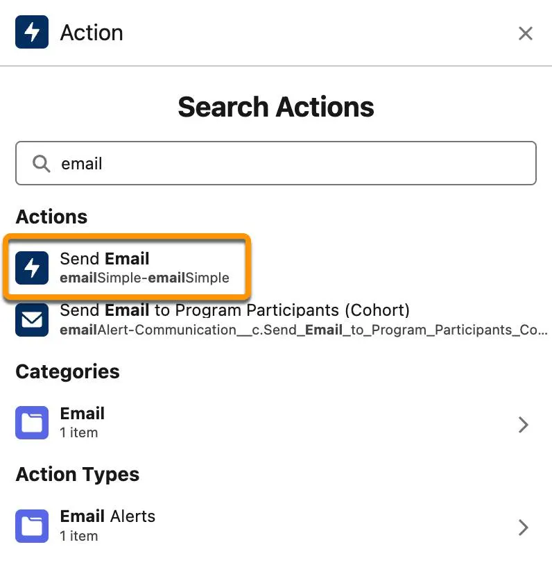 Send Email in the Action search