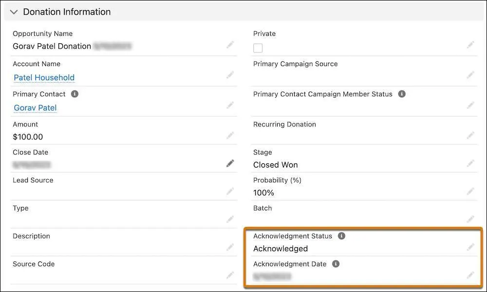 The Acknowledgment Status and Acknowledgment Date fields on the Donation Information page