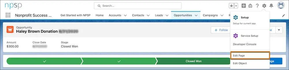 A donation opportunity record with Edit Page in the Setup menu