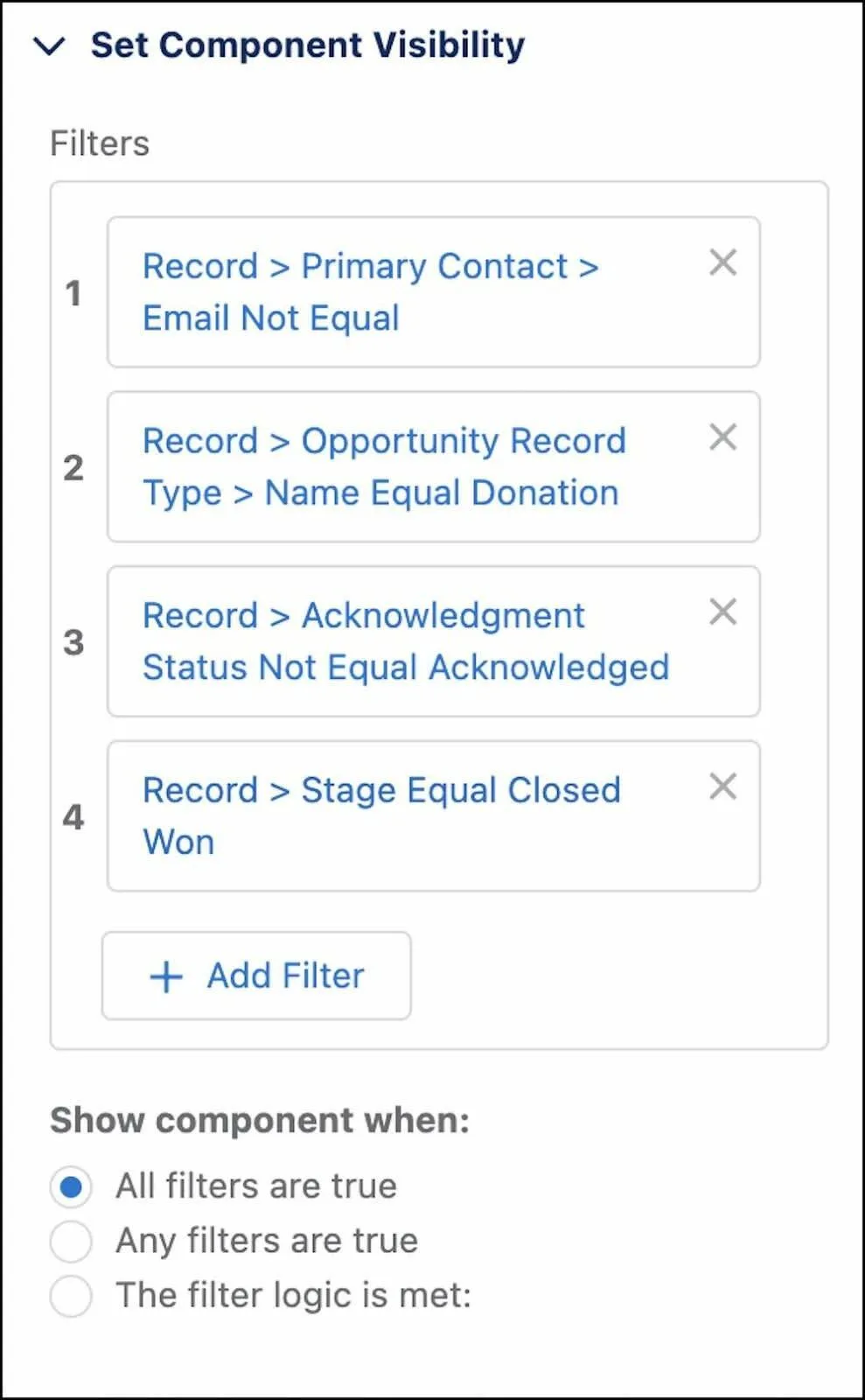 Four filters in the Set Component Visibility window, with All filters are true selected