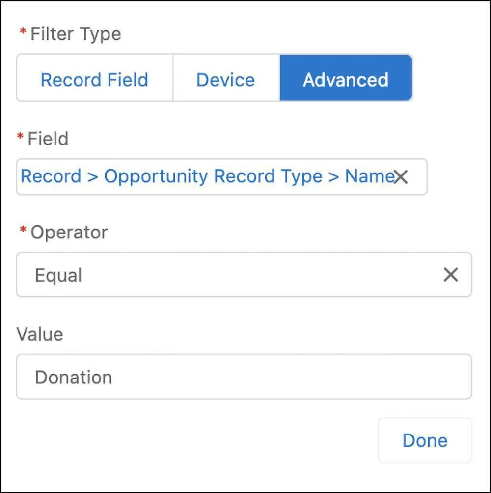 The Advanced filter to check that the opportunity type is donation