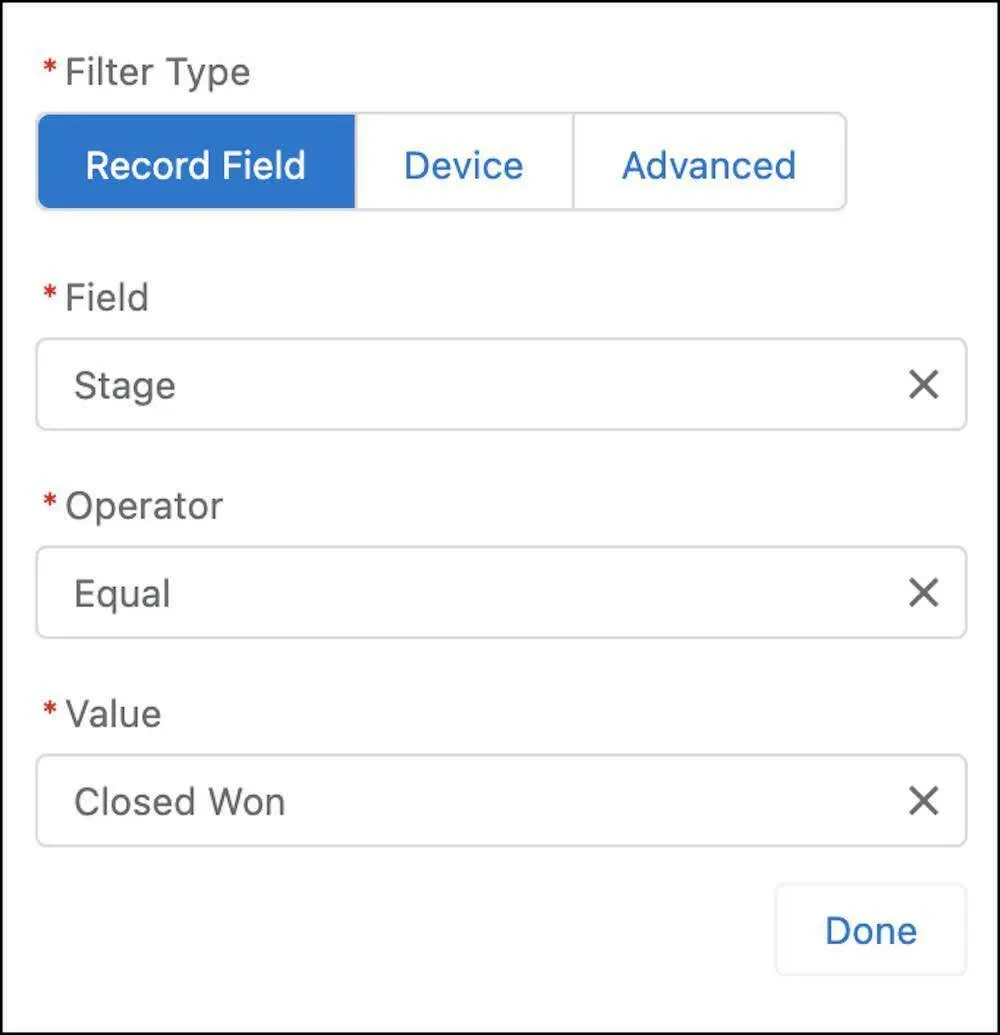 Filtre Record Field (Champ d’enregistrement) pour vérifier que le don est fermé gagné