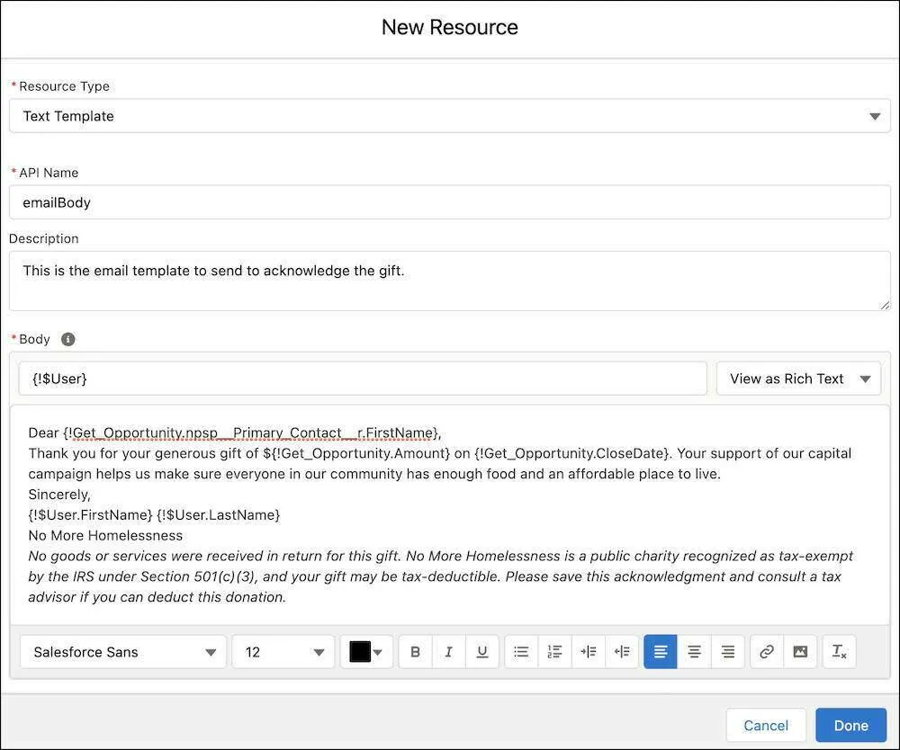 The email template New Resource interface