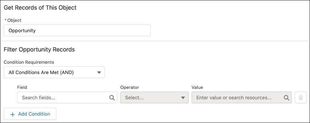 Section Filter Opportunity Records (Filtrer les enregistrements d’opportunité)