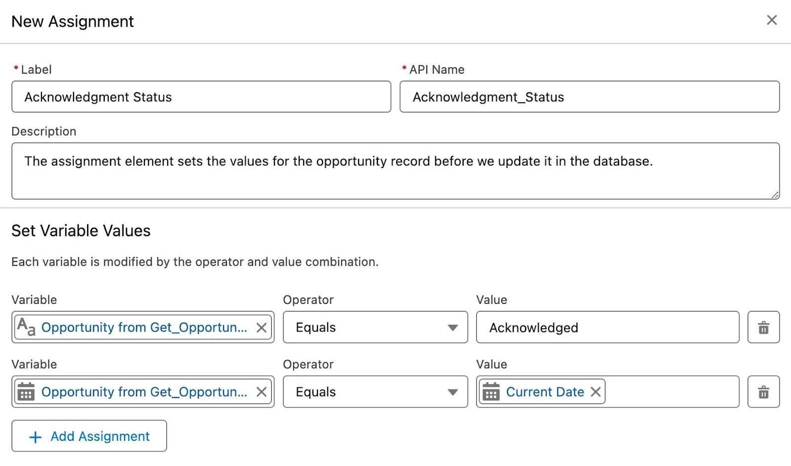 The New Assignment panel corresponding to the following steps