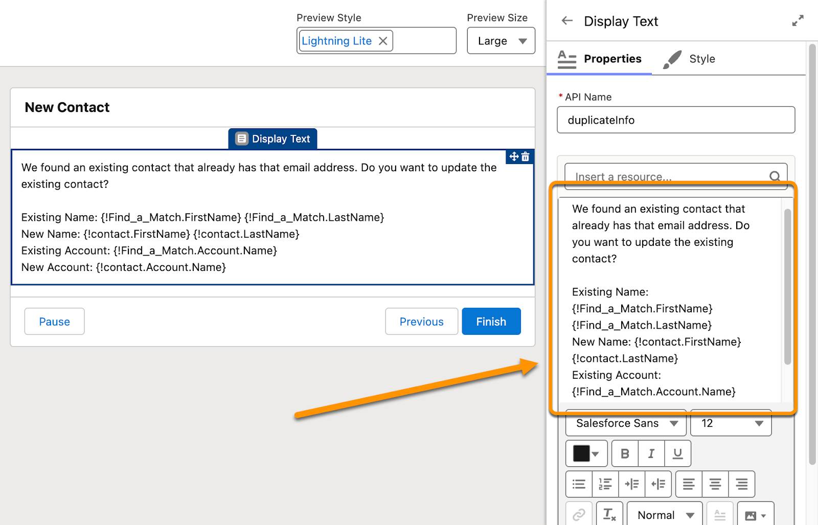 The Display Text configuration panel corresponding to the preceding steps.