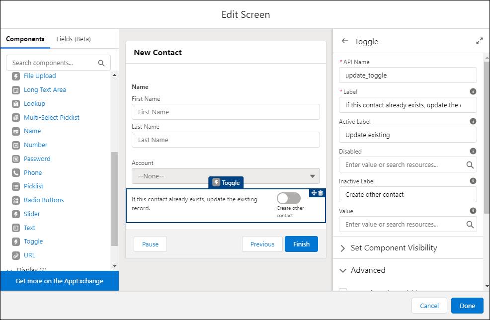 Toggle input component on the screen canvas