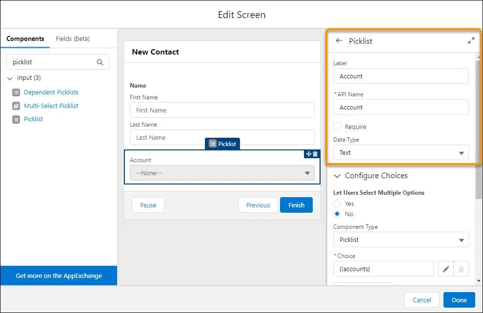Edit Screen page, showing the Picklist properties