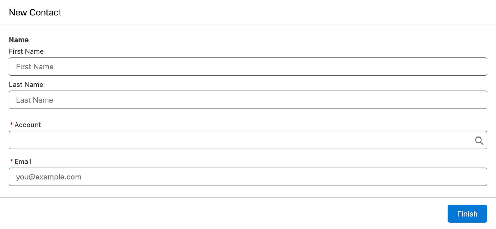 The New Contact screen element displays the First Name, Last Name, Account, and Email fields.