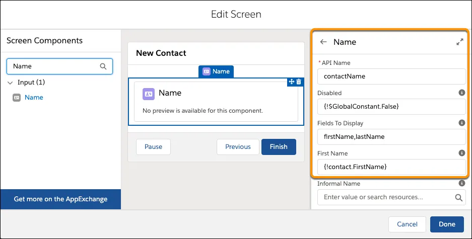 Edit Screen page, showing the properties pane