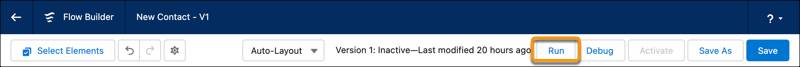 Flow Builder, showing the location of the Run button