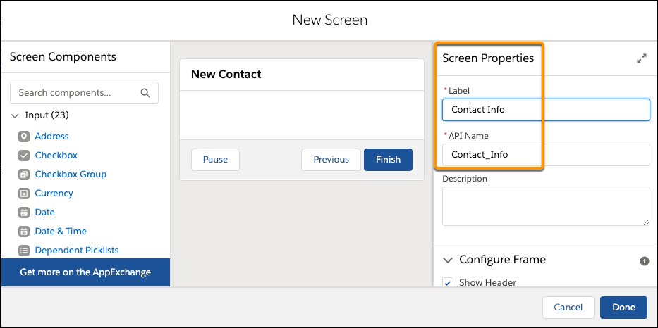 Label and API Name fields under Screen Propertie