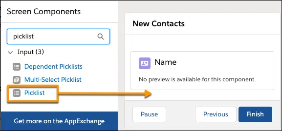 Seite 'Edit Screen (Bildschirm bearbeiten)', die zeigt, wohin die Eingabekomponente 'Picklist' aus dem Bereich 'Screen Components (Bildschirmkomponenten)' auf den Bildschirmbereich gezogen werden soll