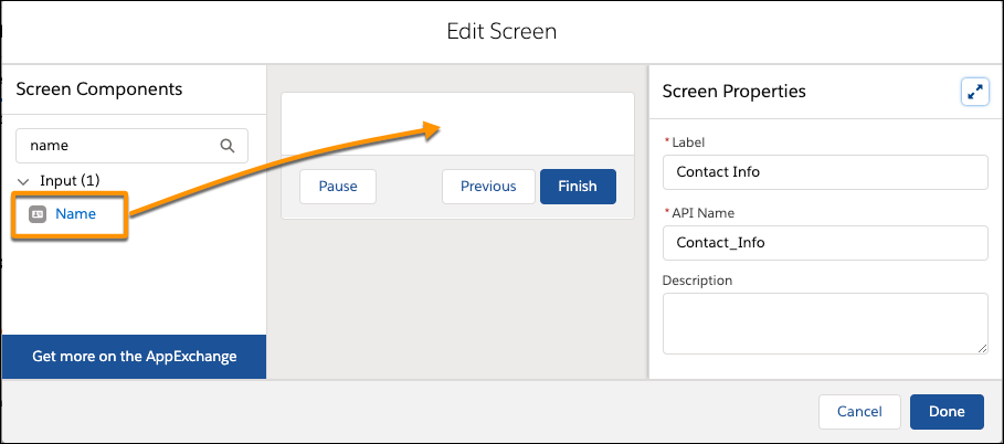 Página Edit Screen (Editar pantalla), que muestra dónde arrastrar el componente de entrada Name (Nombre) desde el panel de componentes de pantalla hasta el lienzo de la pantalla