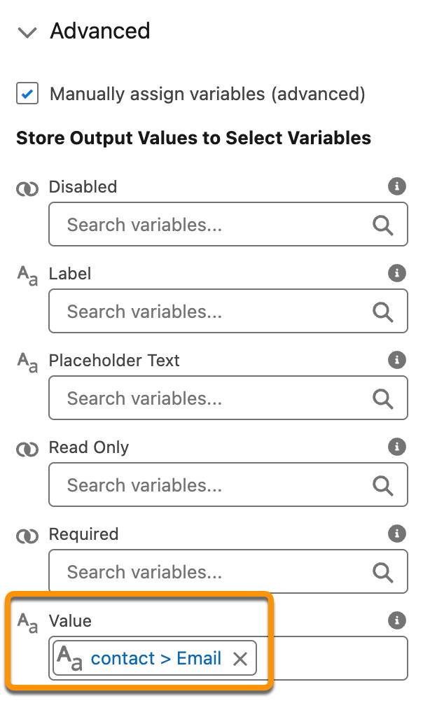 La sección Store Output Values to Select Variables (Almacenar valores de resultado en variables de selección), con el campo Value (Valor) establecido en contacto > Email.