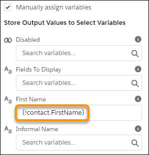 Volet des propriétés, où la valeur du champ First Name (Prénom) figure sous Store Output Values (Stocker les valeurs de sortie)